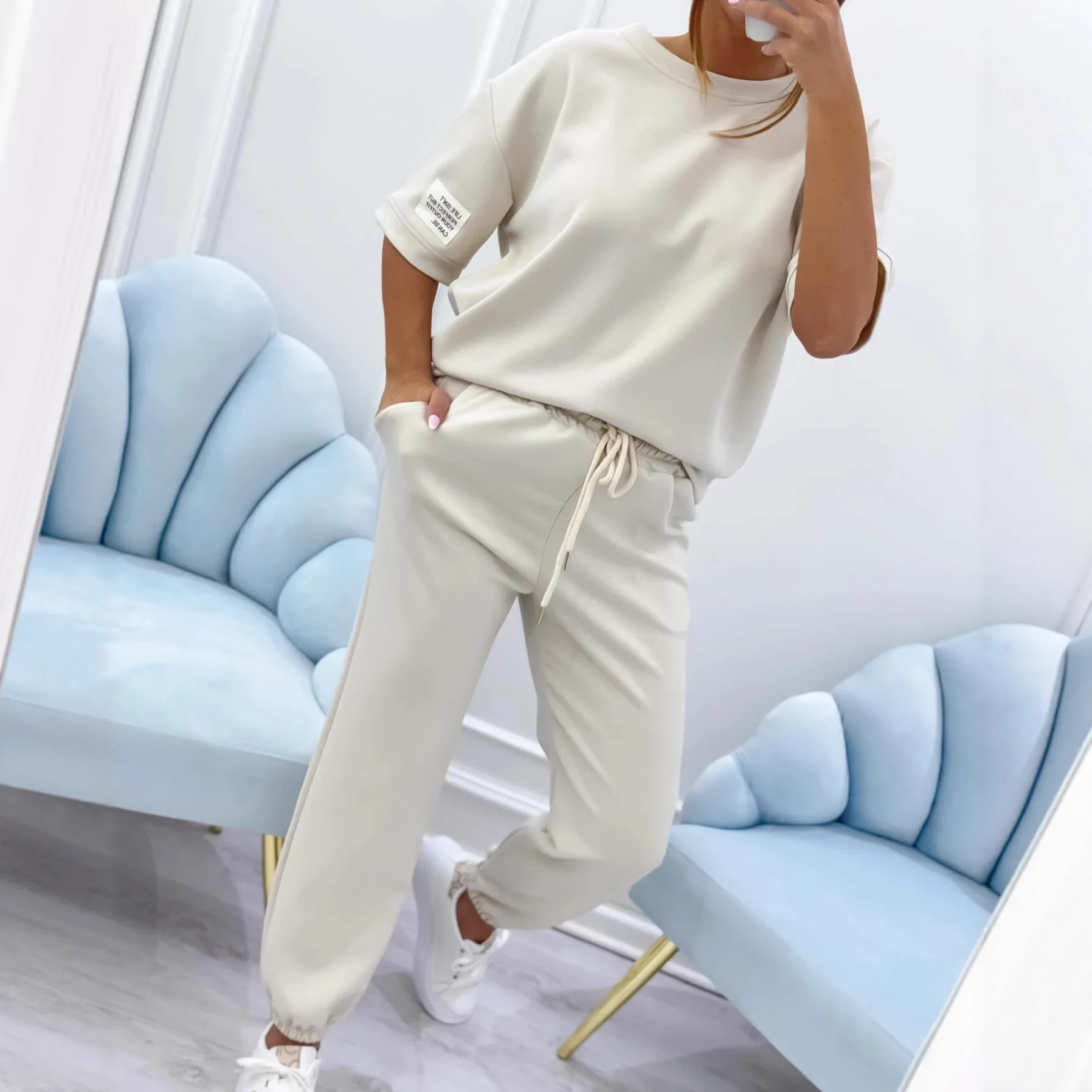 

Women Fashion 2 Pieces Sets Solid Loose T-Shirt And High Elastic Waist Trousers Female Chic Lady Casual Pant Women's Clothing