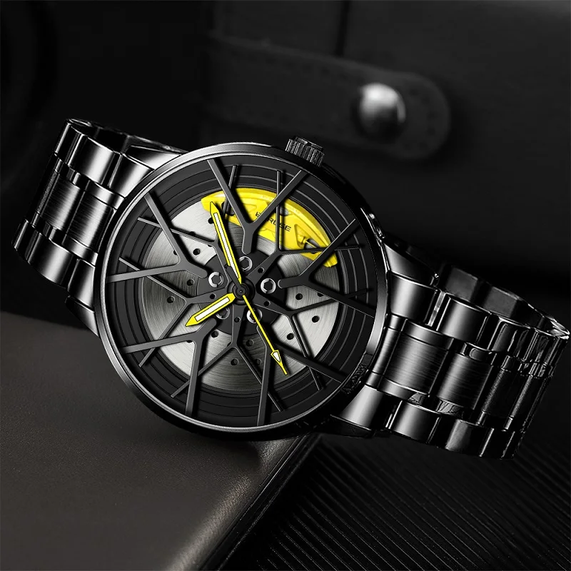 BORUSE-Reloj de acero inoxidable para hombre, cronógrafo de pulsera de cuarzo, resistente al agua, con ruedas de coche, de lujo, a la moda