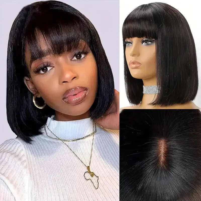 Lafino Wig Straight Human Hair Wigs With Bangs Fringe Middle Part Bob Lace Wigs Realistic Scalp Brazilian Straight Bob Lace Wigs