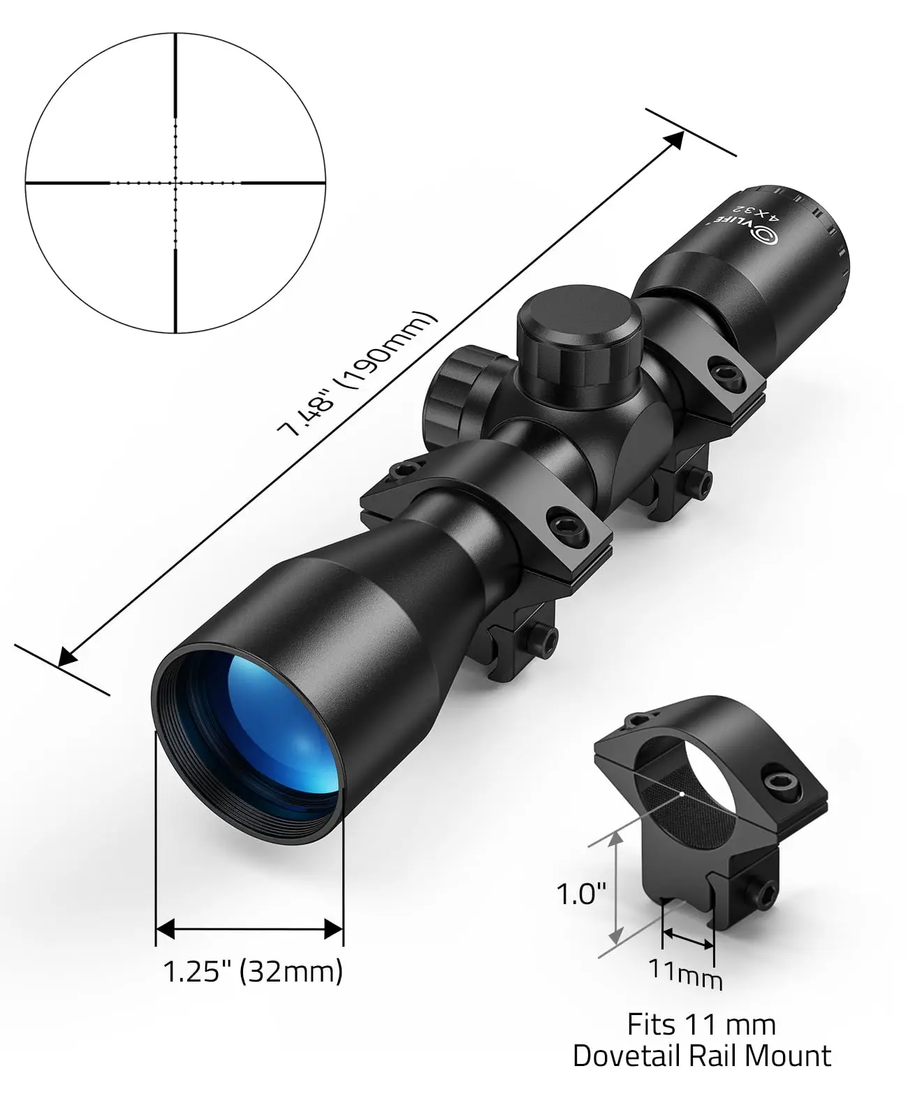 CVLIFE 4x32 Compact Rifle Scope Crosshair Optics Sight Riflescope with Scope Mount for 11mm Dovetail Tail for Hunting Aluminum
