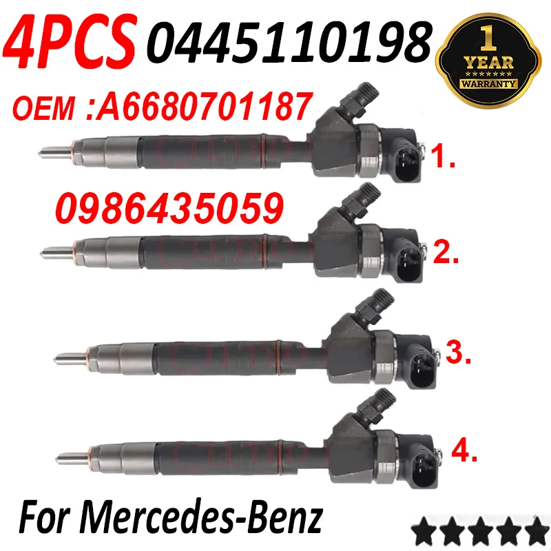 4 piezas 0445110198 A 6680701187 Inyector Common Rail 0 445 110 198 Boquilla 6680701187 para Mercedes-Benz 0986435059 0445110197