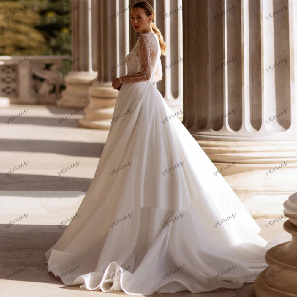 Pretty Wedding Dresses Modern Bridal Gowns Full Sleeves Robes For Formal Party O Neck Glamorous Vestidos De Novia Customized