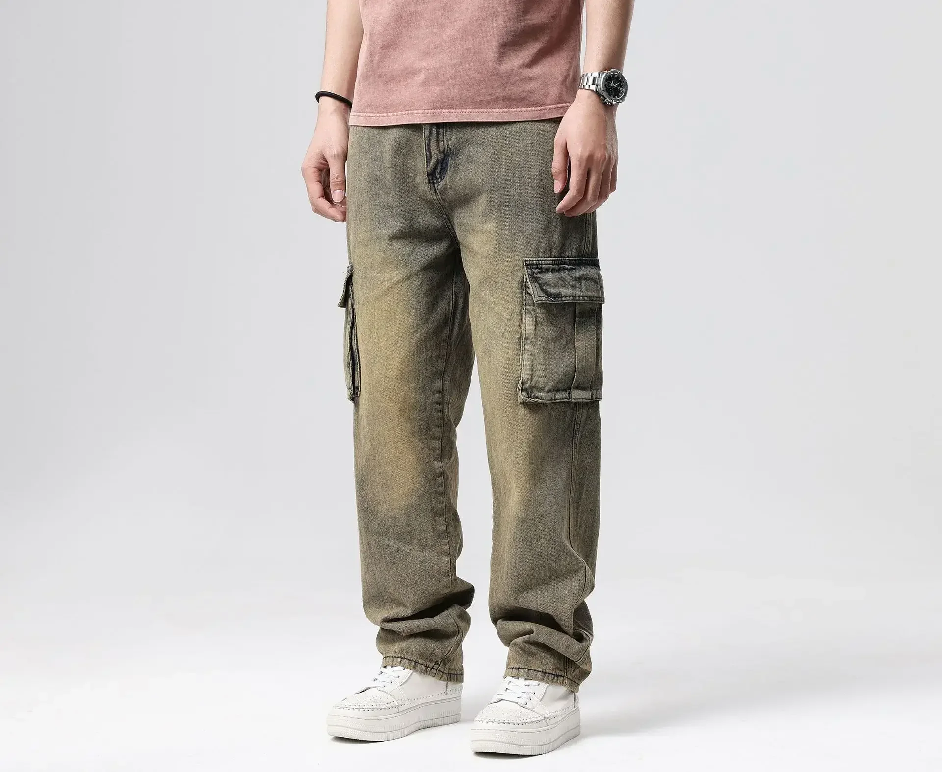 Distressed กางเกงยีนส์ผู้ชาย Baggy ตรงกางเกงเอวสูงหลายกระเป๋าล้างข้อเท้าความยาวกางเกง Denims 2024 ฤดูใบไม้ร่วง Streetwear