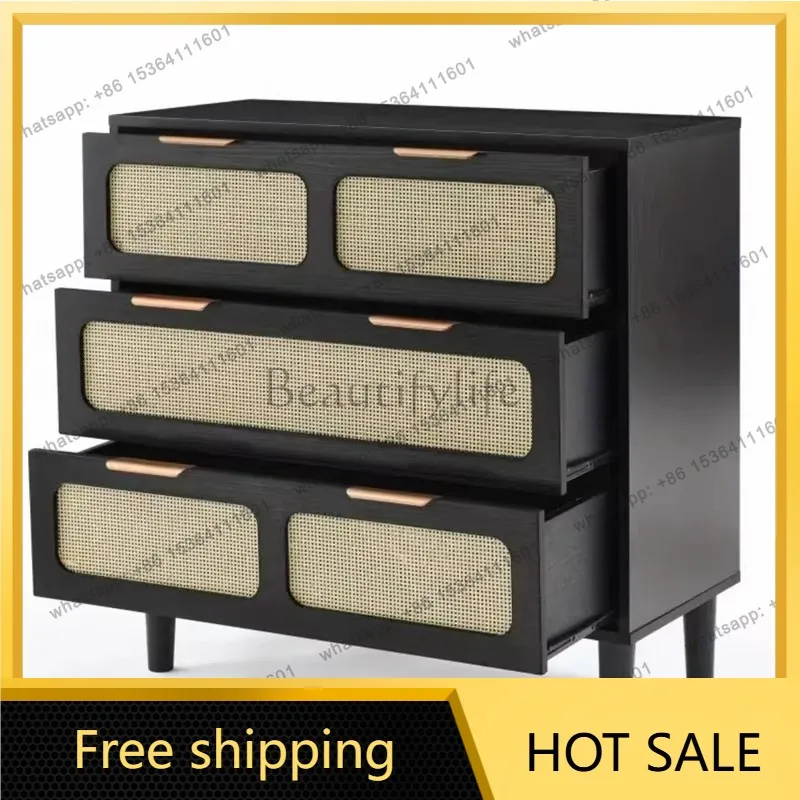 LS Italian minimalist solid wood bedroom rattan locker living room light luxury bedside storage drawer cabinet