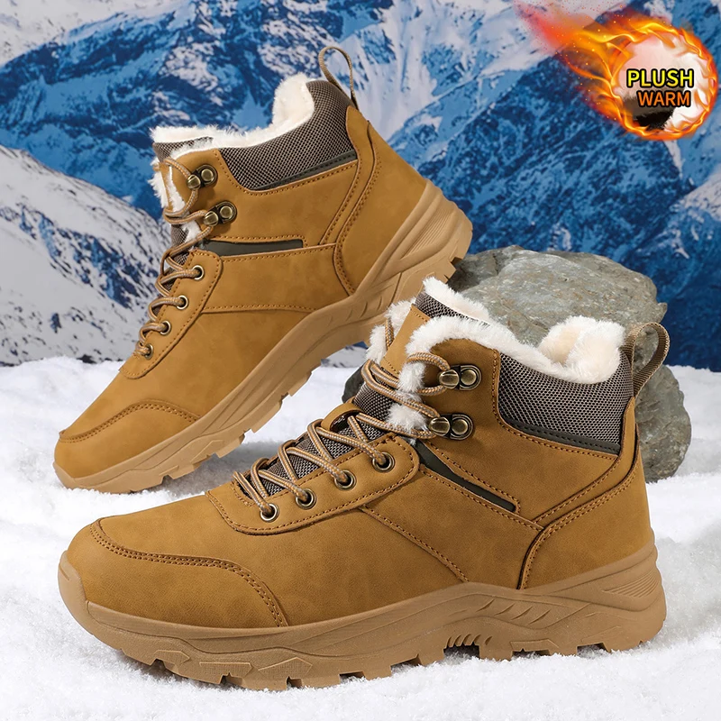 

39~48 Men's Snow Boots Men's Casual Winter Shoes Platform Anti Slip Warm Fur Ankle Boots Combat Outdoor Hiking Motorcycle Boots