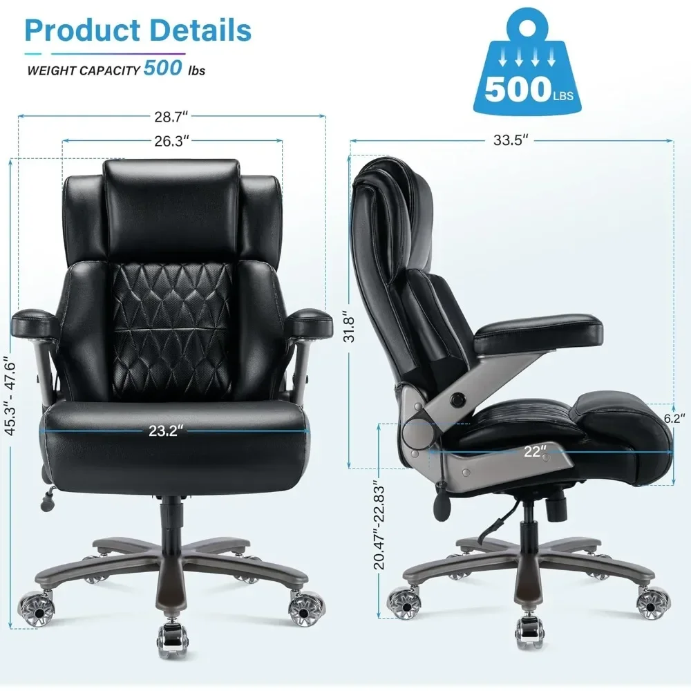 Big and Tall 500lbs Office Chair - Adjustable Lumbar Support 3D Flip Arms Heavy Duty Base&Wheels, Executive Computer Desk Chair