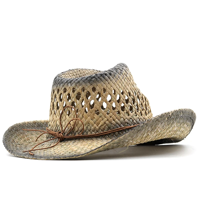 New Hollow Out Unisex Shading Outdoor Wide Brim Cowboy Straw Hat Solid Color Fashion Sun Protection Beach Hat Summer Cap