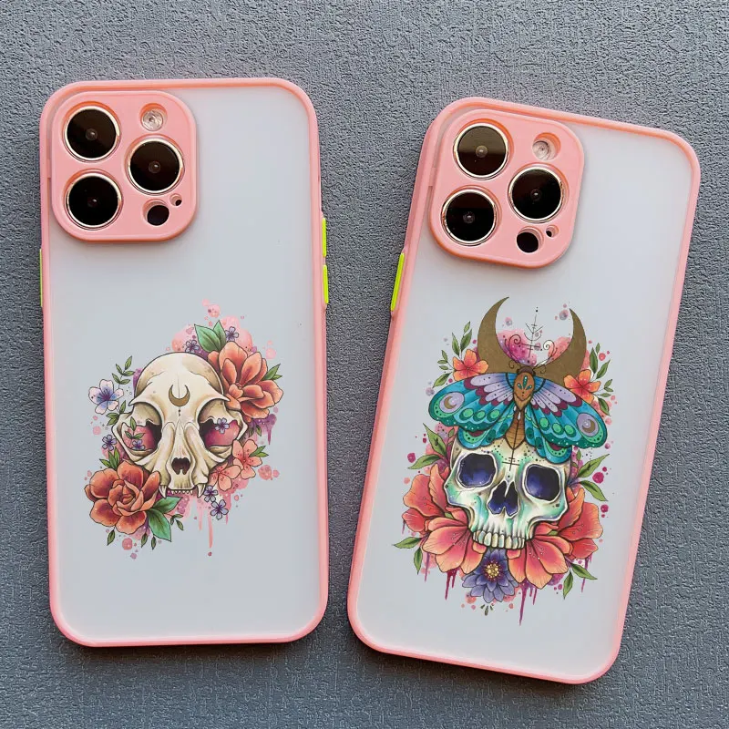 Skull Skeleton Flowers Case For iPhone 12 13 Pro MAX Mini 15 11 14 Pro Max XR X XS 7 8 14 Plus SE2 Shockproof Back Cover Fundas