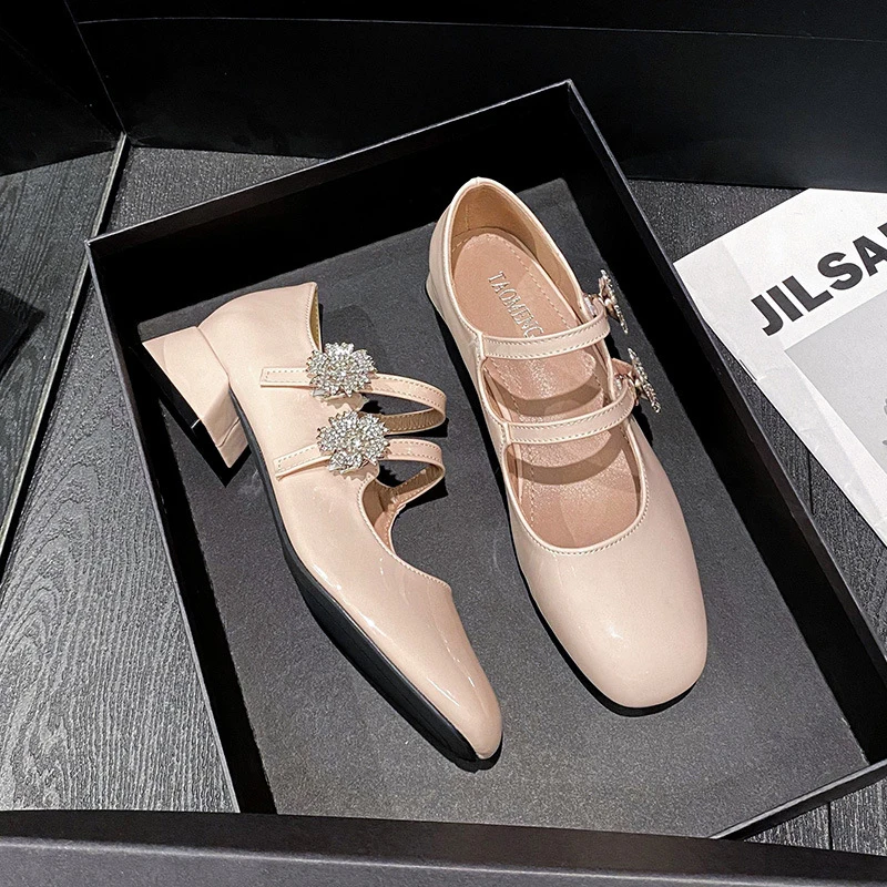 French-style square-toed Mary Jane shoes with rhinestones and chunky heels for women, suitable for weddings