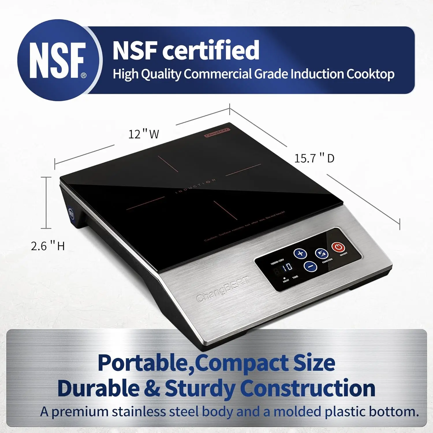 1800W Commercial Induction Cooktop, 8' Heating Coil, 12' Heat Resistant Surface, NSF Certified