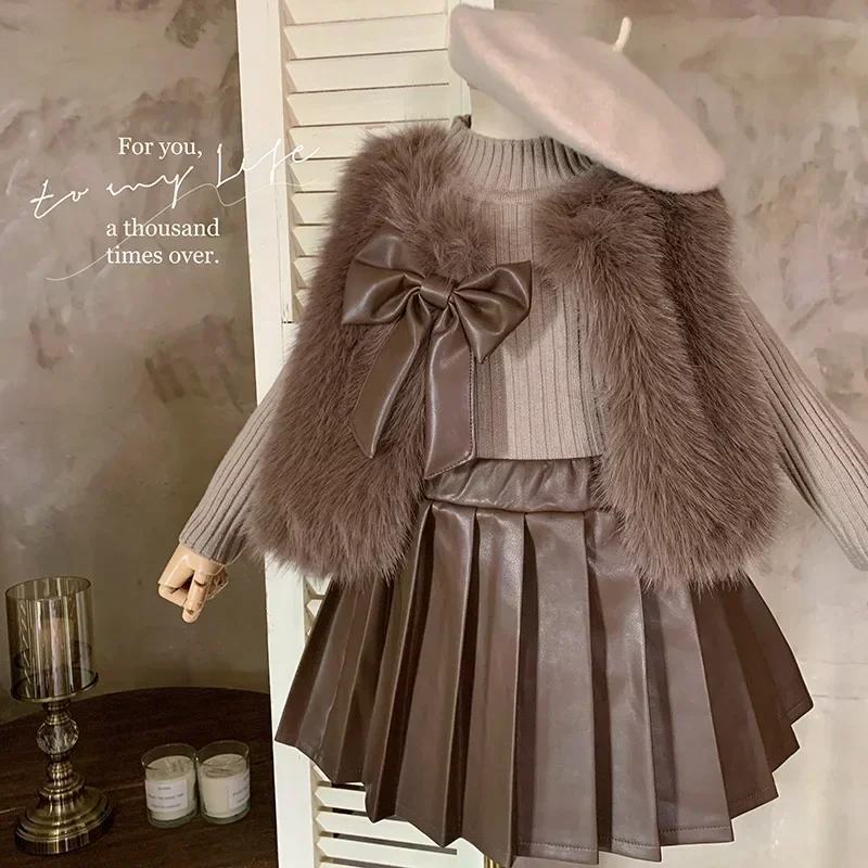 Kid Clothes Suit Korean Style The Girl Suit Autumn and Winter Children Fashion Fur Coat Coat Knitted Top Pleated Leather Skirt