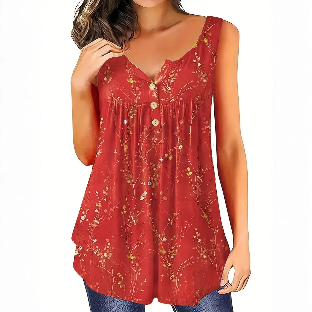 

Loose Women's Summer T-Shirt Button-Up Sleeveless V-Neck Vest Casual Style Polyester Fabric Mid-Length Flower Pattern