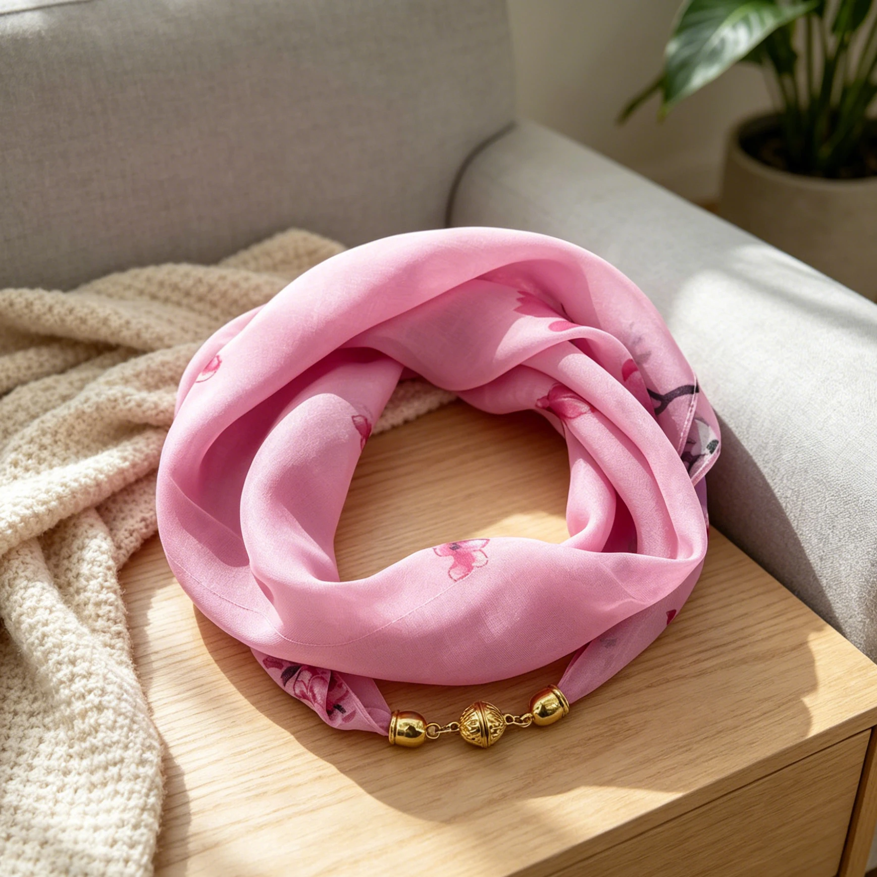 Magnetverschluss Dünner Chiffon Dekorativer Halstuch, Magnolien-Druck Halstuch, Lazy Scarf Schnell und Einfach zu Befestigendes Halstuch – Detail 5