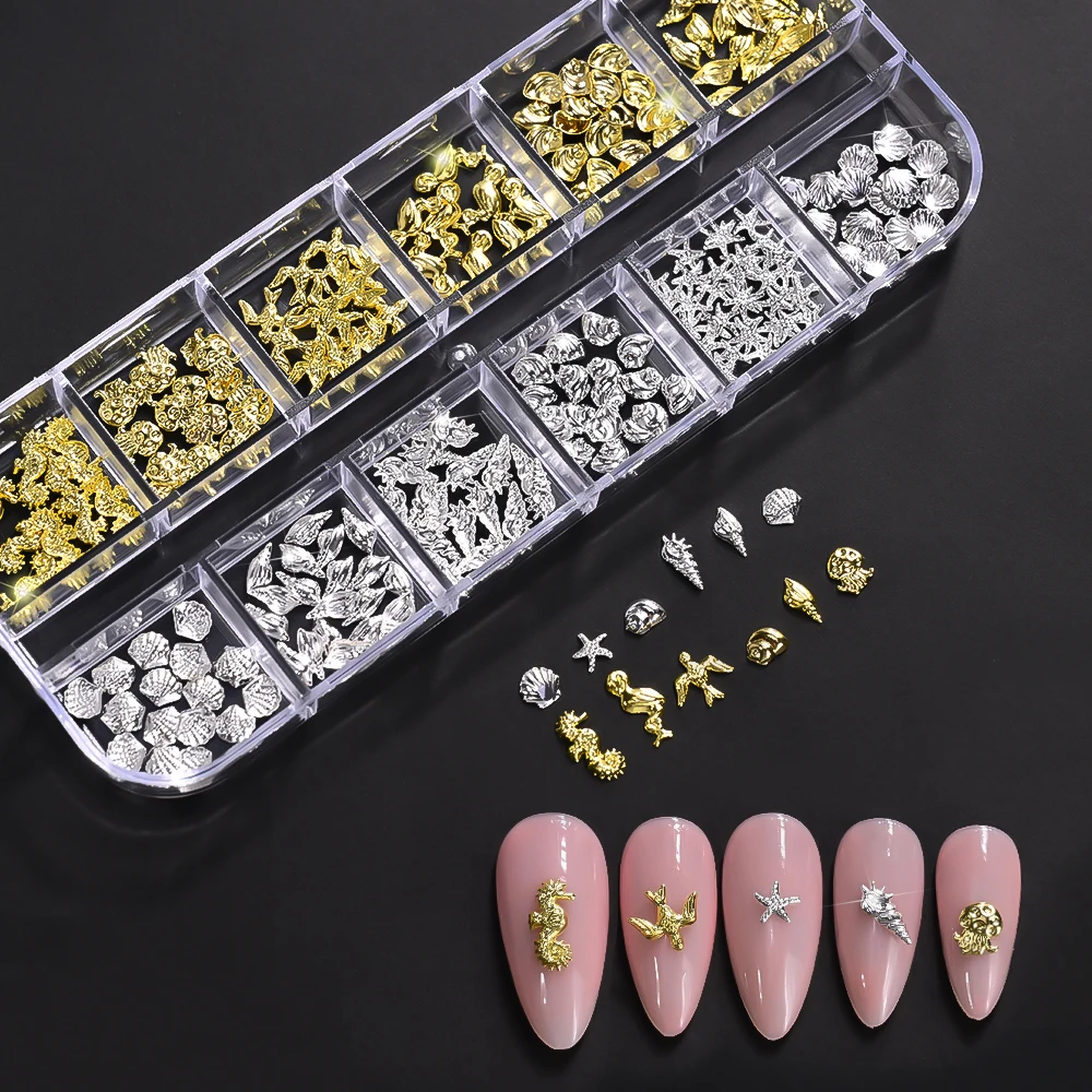 12Grid 3D Starfish Shell Metal Rivet Nail Charm Gold/Silver Ocean Jellyfish Conch Seahorse Alloy Slice DIY Nail Art Decoration