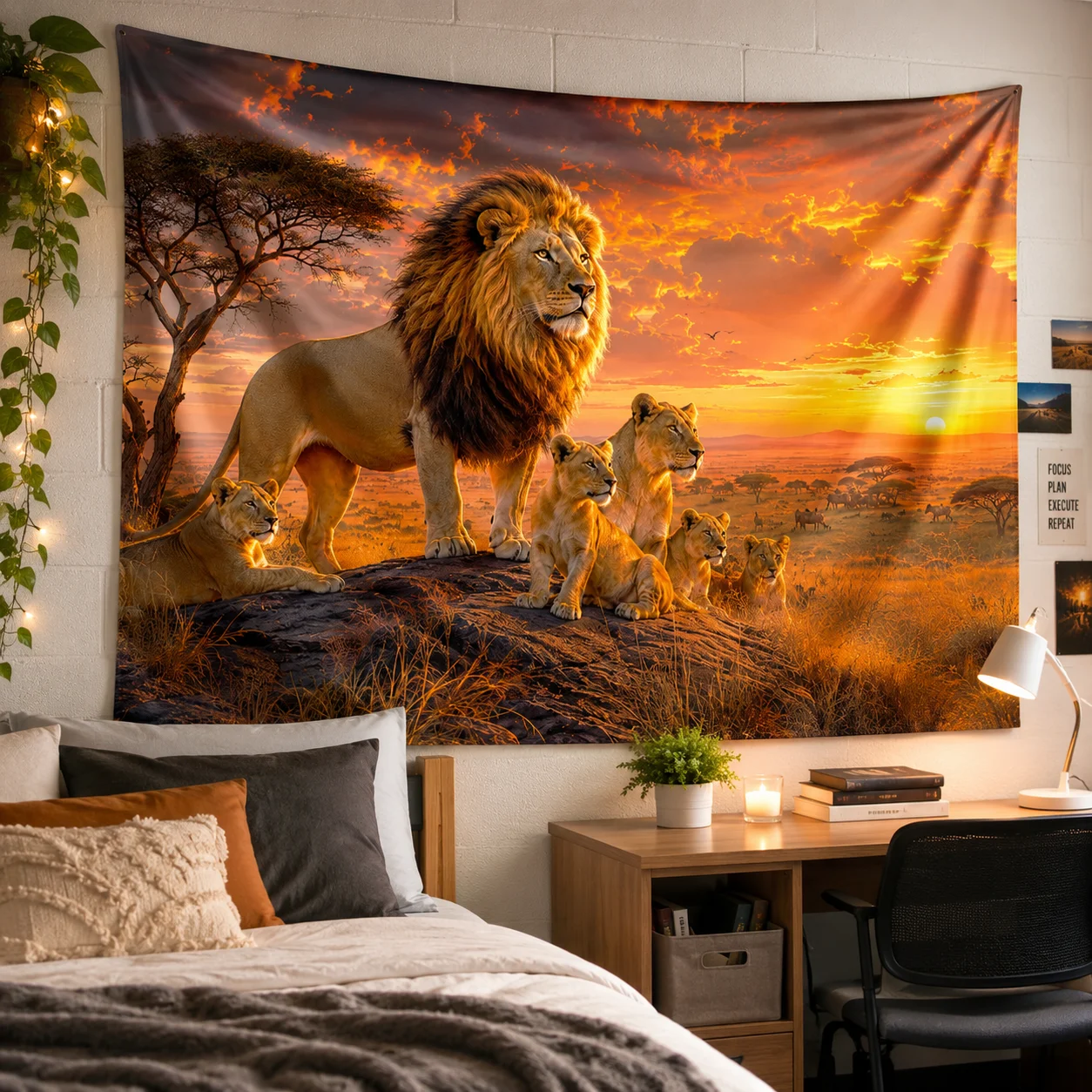 Sunset Lion Family Tapestry Wall Hanging Large Wildlife Nature Tapestries Aesthetic Room Decor for Living Room Bedroom