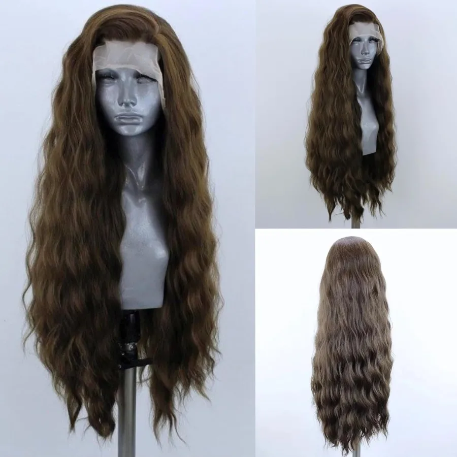 بني فاتح طويل متموج الشعر الاصطناعية الدانتيل الجبهة الباروكات للنساء فضفاض متموج جزء مجاني غلويليس الدانتيل الباروكة البني ألياف مقاومة للحرارة