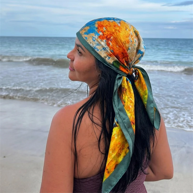 

Satin Square Scarf Women Paisley Hijab Elegant 2026 Print Silk Neckerchief Shawl Wraps Headband Handle Hair Accessories Bandana