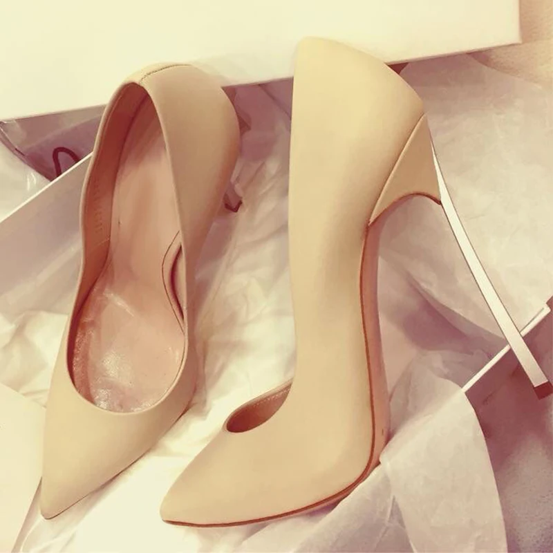 

Sexy 12cm Blade High heel Matte Leather Pumps Neon Red Pointy Toe Metal Stiletto High Heels Women Banquet Shoes Spring