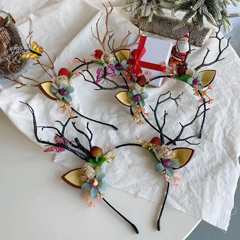 

Antlers Deer Horns Branch Hair Hoop Christmas Party Reindeer Antlers Hairband Flower Tree Branch Deer Ear Head Hoop Gothic DIY