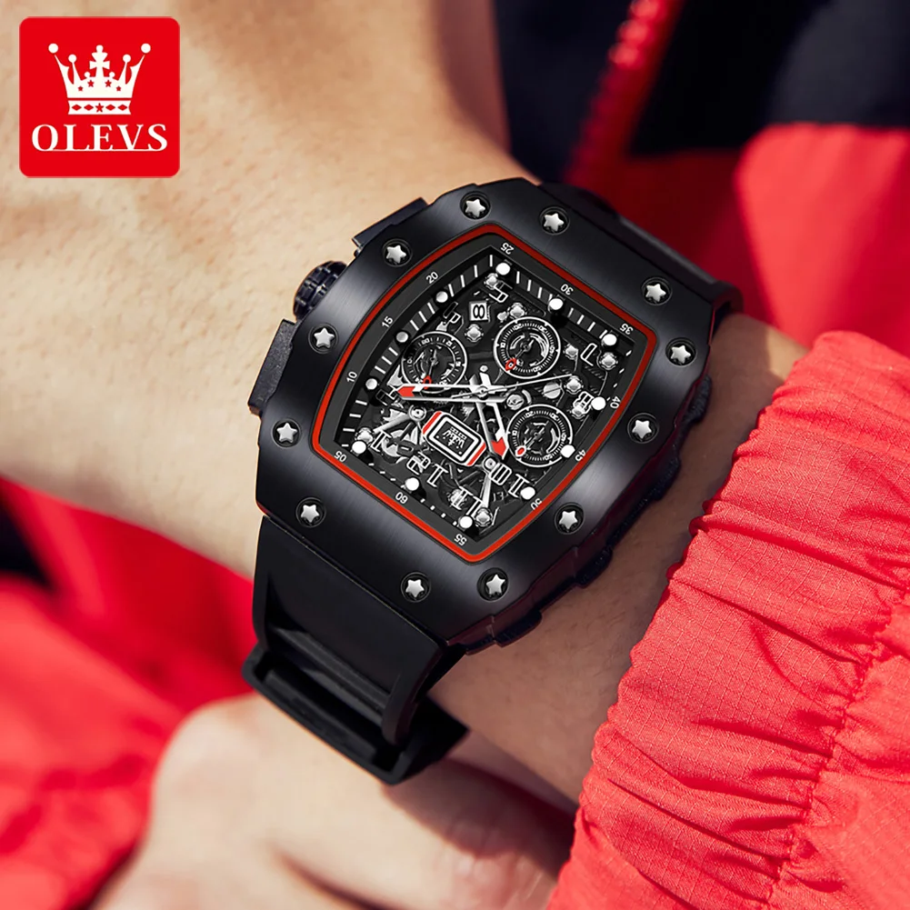 OLEVS-Montre de sport à quartz en forme de tonneau pour homme, bracelet en silicone, étanche, chronographe Shoous, marque supérieure, luxe, mode