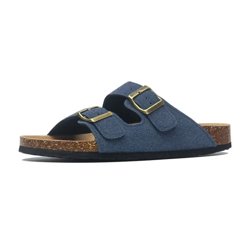 Summer Men Women Cork Platform Suede Leather Open Toe Slippers Adjustable Double Buckle Strap Sandals Unisex Couple Beach Clogs