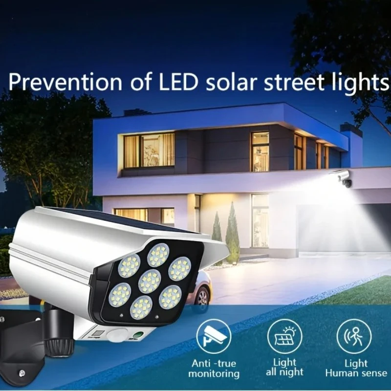 

Уличные солнечные светильники с датчиком движения, пультом ДУ, беспроводные прожекторы, 77 светодиодов, имитация камеры видеонаблюдения для украшения сада