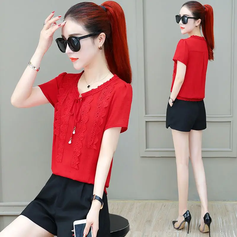 Elegant O-Neck Spliced Bow Ruffles Shirring Lace Blouse Women\'s Clothing 2023 Summer New Oversized Casual Pullovers Sweet Shirt