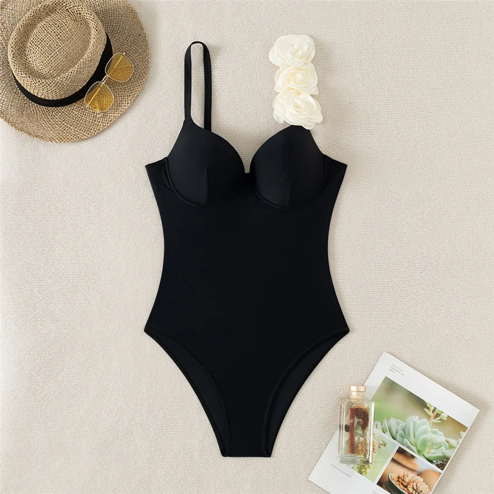 

3D Flower Solid Black Push Up Swimwear Woman 2025 Summer One Piece Sexy Swimsuits Underwired Bathing Suit Monokini Swimming Wear
