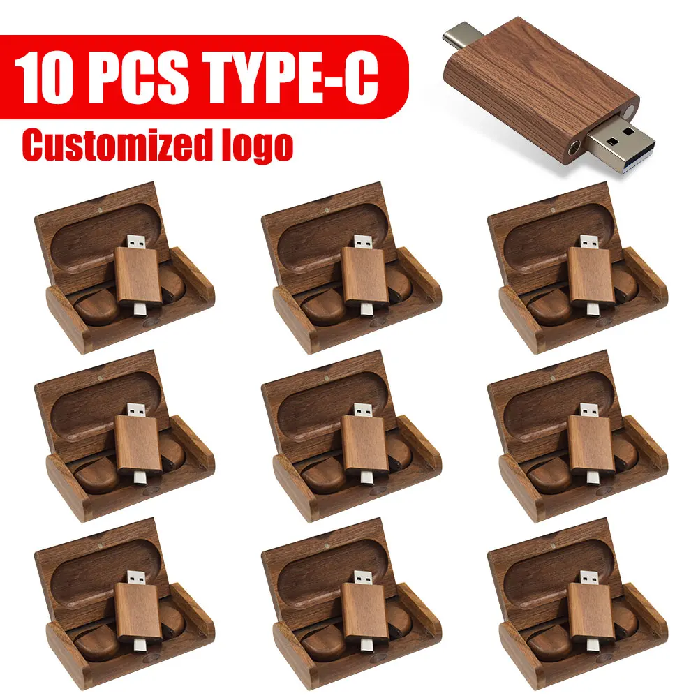 10 Buah/Lot USB 2.0 Flash Drive TYPE-C 2 In 1 Memory Stick Kayu Flashdisk 4GB 8GB 16GB 32GB 64GB 128GB Gratis Logo Hadiah Pernikahan