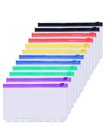 A6 6-Hole Binder Pockets Waterproof PVC Cash Budget Envelopes Zipper Binder Pouches for Notebook Planner Journey Binders