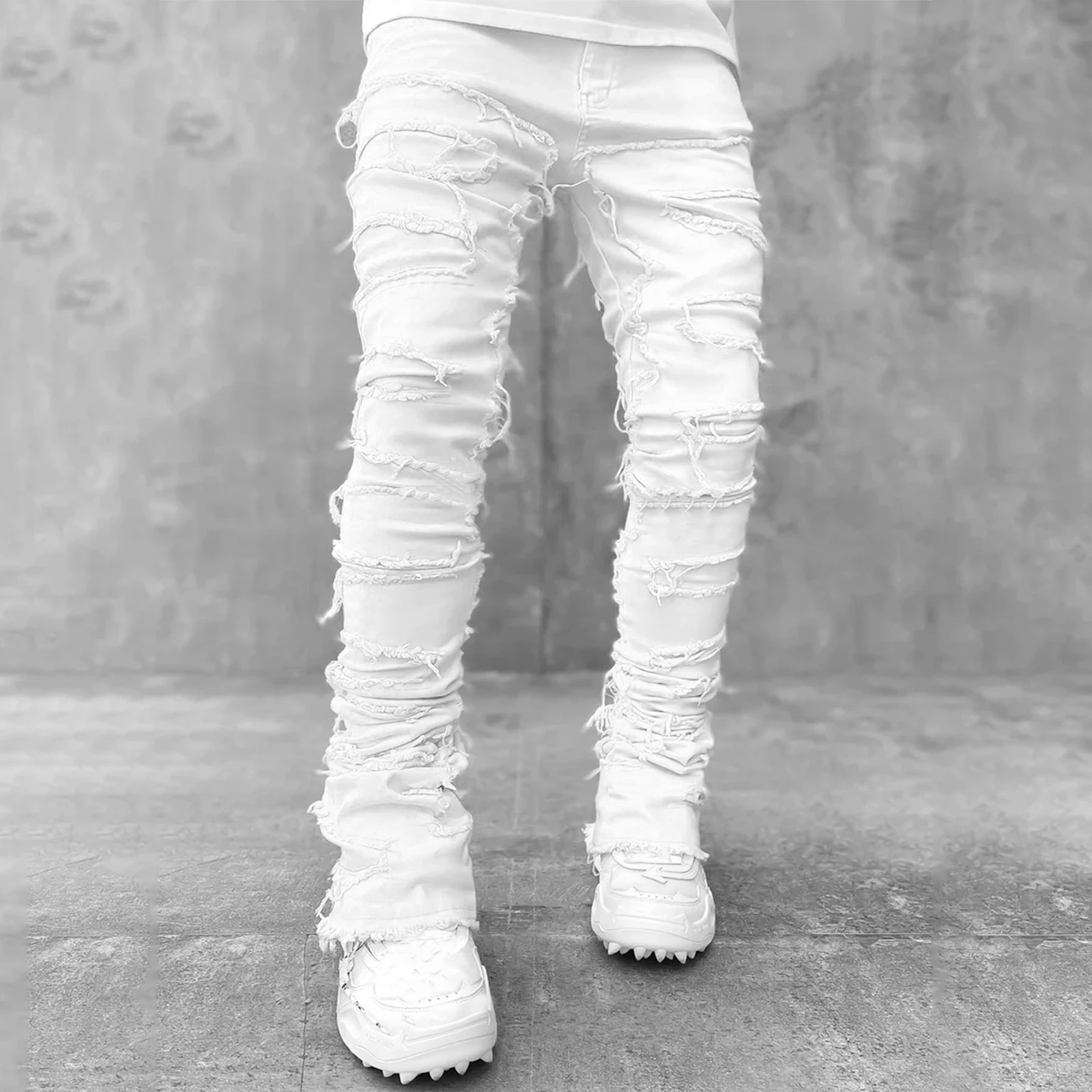 Men Skinny Pants Vintage Patch Frayed Denim Pants Spring Fall Casual Leggings Trousers with Pockets Streetwear