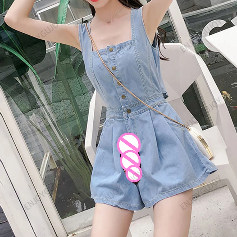 

Summer Trend Denim Cargo Women's，Loose Short Pants，Invisible Open Crotch Outdoor Sex，Streetwear High Waist Wide Leg Jumpsuit