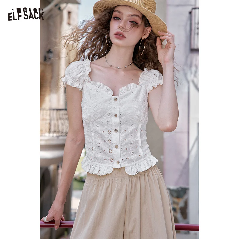 

ELFSACK 2025 Summer New Arrivals White Lace Puff Sleeve Top for Women Romantic French Style Blouse