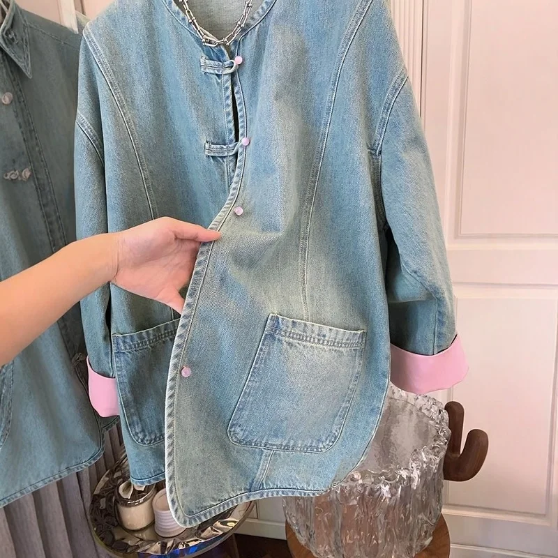 

plus Size 300 Pou New Chinese Retro Button Denim Jaet Men's Autumn Winter New Color Colion Cuff Jaet