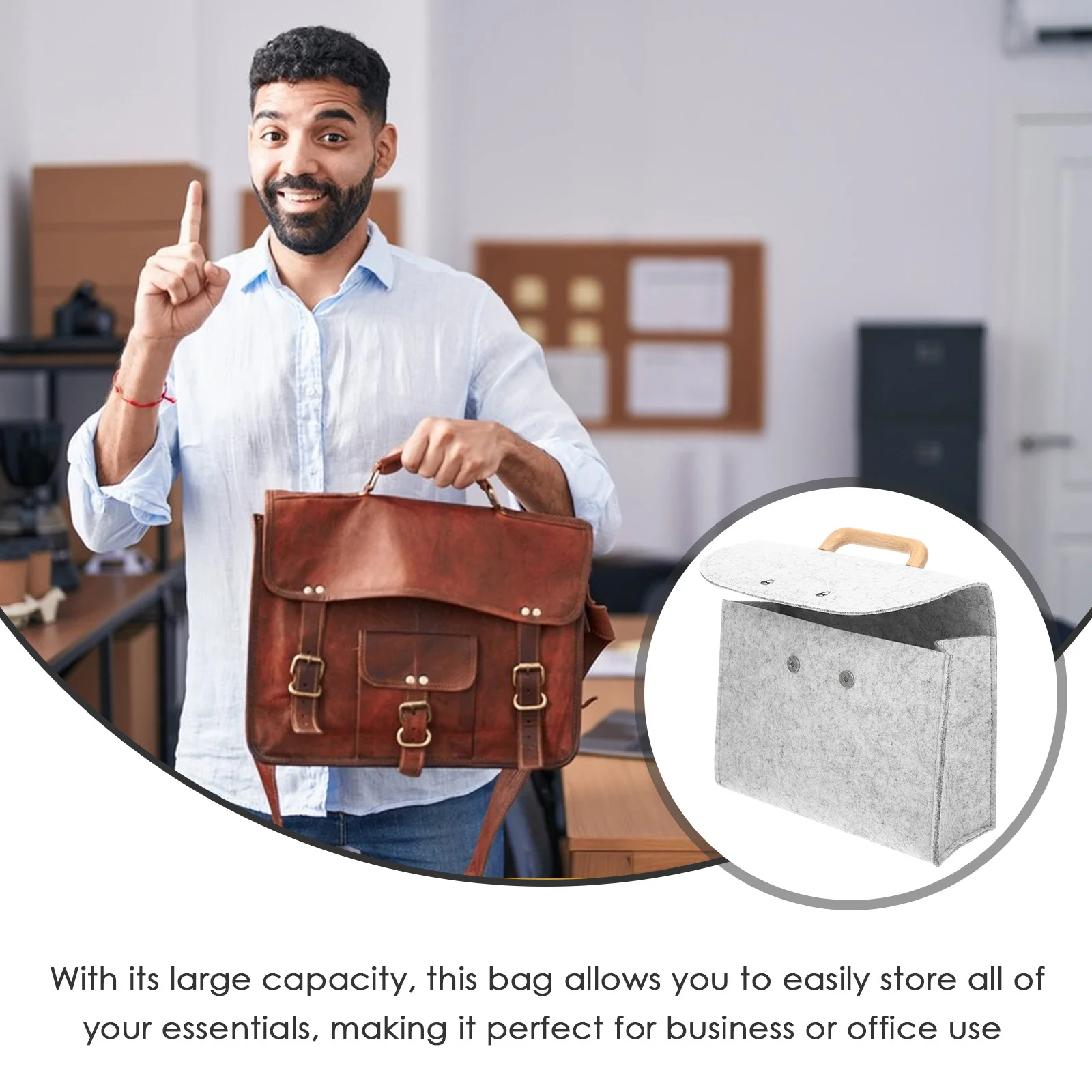 

Felt Handheld Storage Bag Tote Organizer Document Light Grey Wooden Handle Portable File Holder Business Office Use Deep Gray
