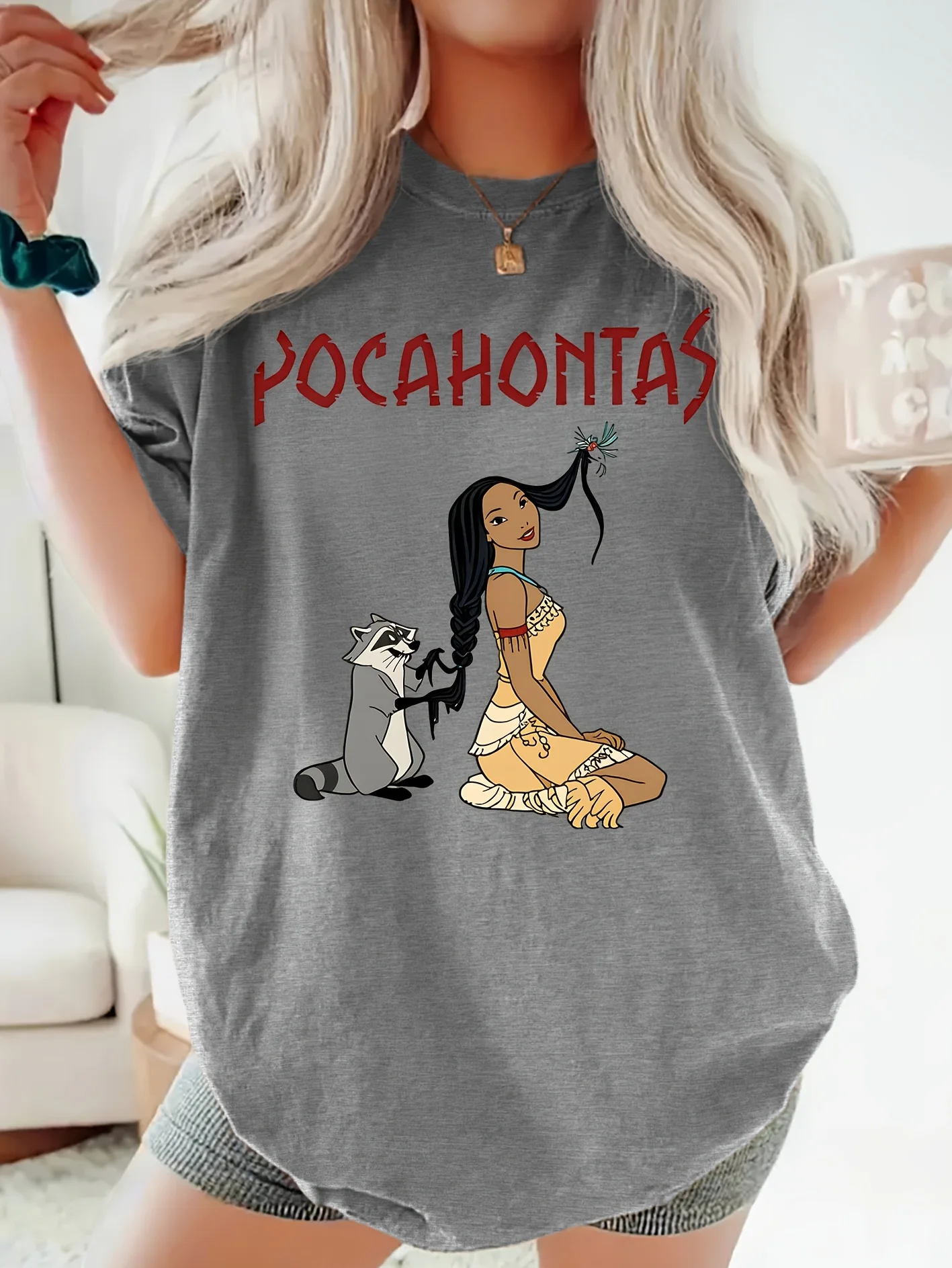 

Women's Disney Vintage Pocahontas Graphic T-Shirt - Vintage Red Pocahontas and Grass Print Cotton Disney Fan