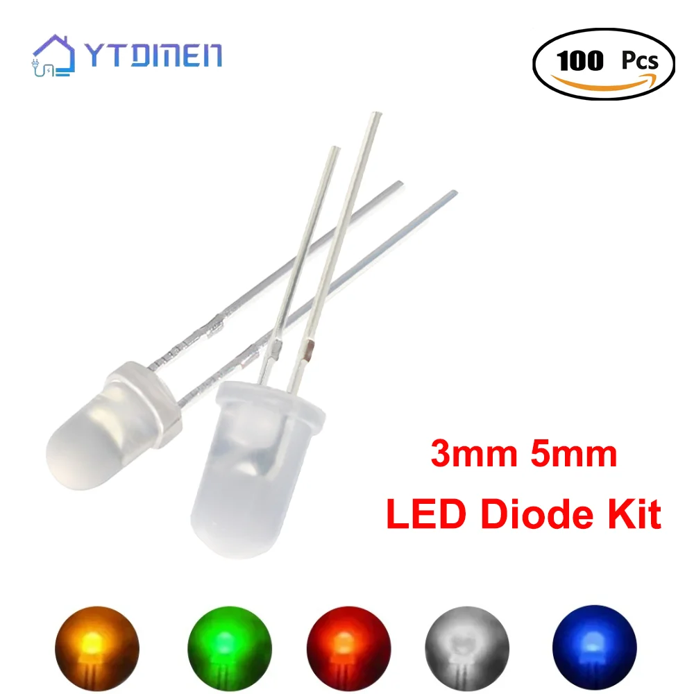 100 Stück 3mm 5mm Diffuse LED-Dioden-Set Mehrfarbige Leuchtdioden Weiß/Rot/Gelb/Grün/Blau für DIY-Elektronik