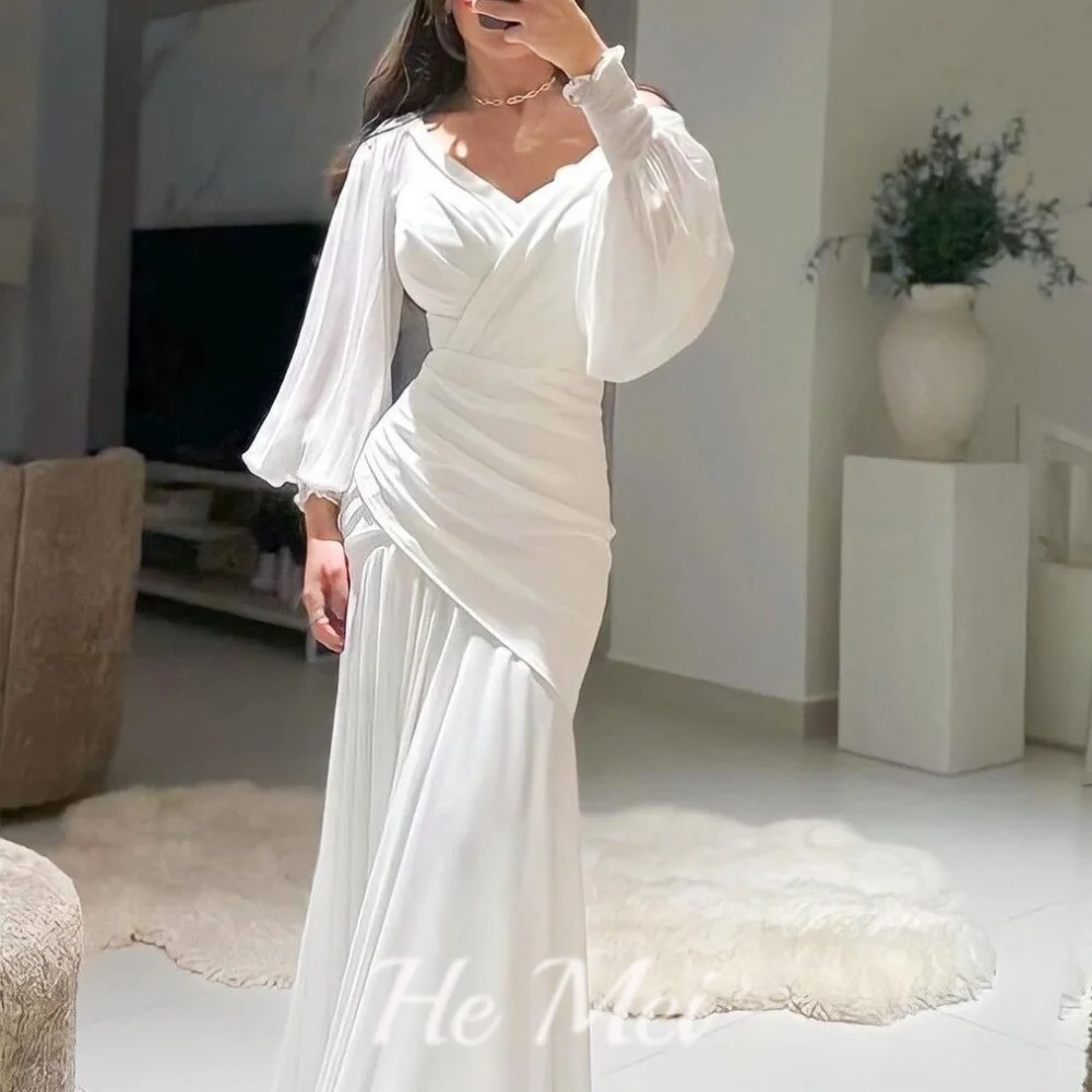 Elegant Prom Dress For Women Simple V Neck Lantern Sleeve Evening Gowns Mermaid Floor Length Party Dresses فساتين سهرة