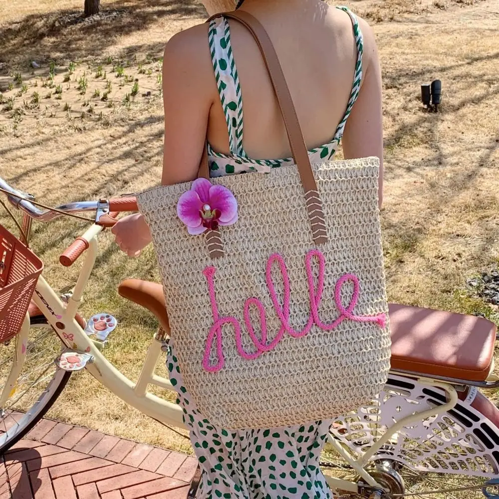 

Милая большая вместительная плетеная сумка-тоут с цветочным принтом, модная богемная сумка на плечо, простая сумка, летняя пляжная соломенная сумка для девочек