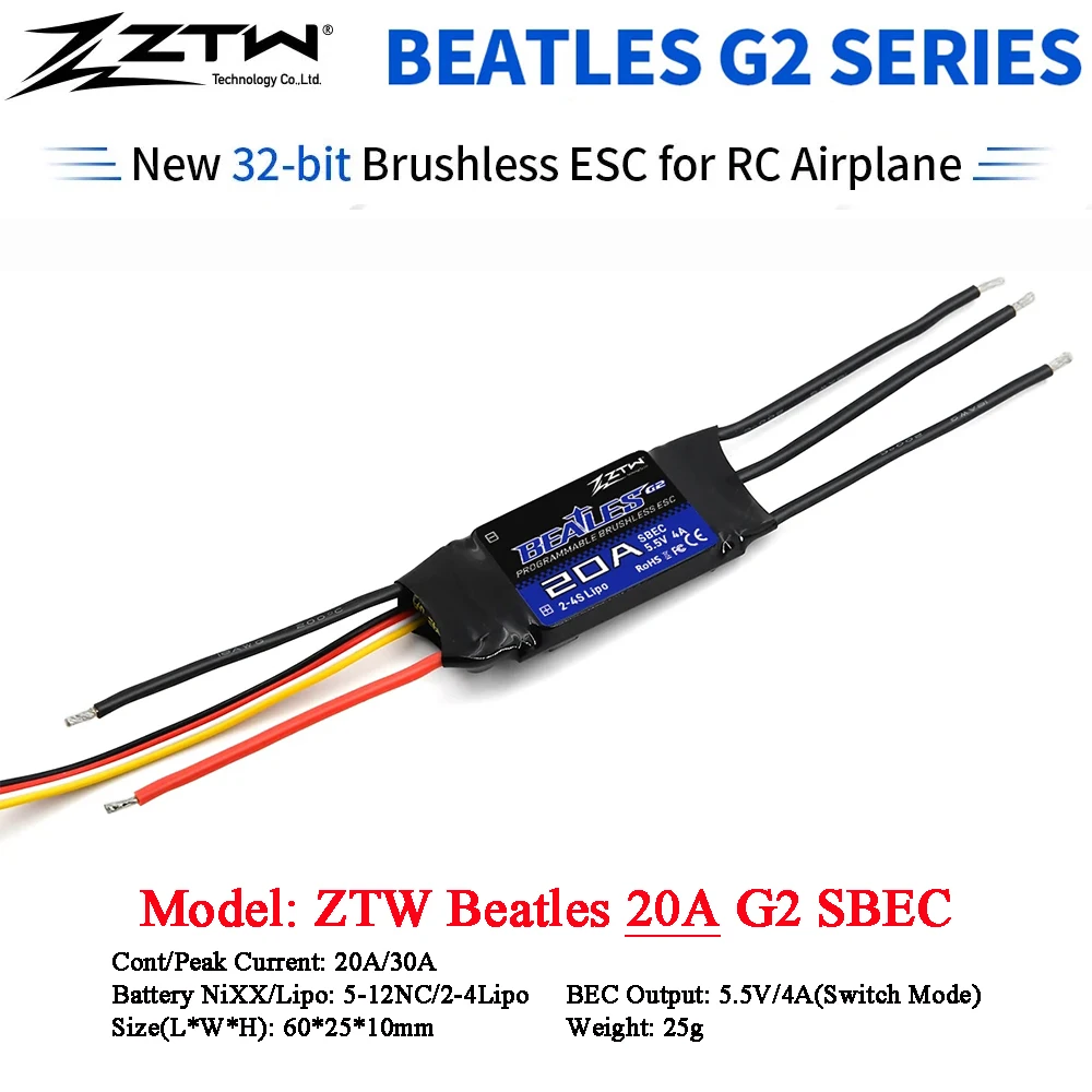 ZTW ESC Beatles 20A/30A/40A/50A/60A/80A/100A G2 SBEC 5/6V 8A 2-6S 32-Bit Brushless Speed Controller For RC Airplane Fixed-wing