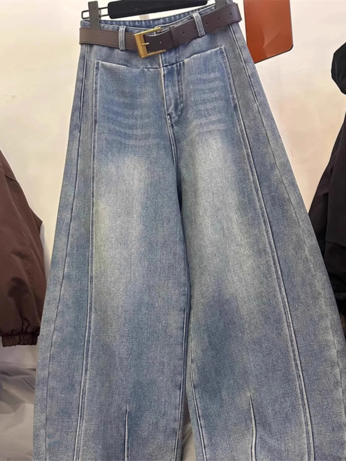 

Джинсы с высокой талией и широкими штанинами, женские, на флисовой подкладке, повседневные, утягивающие, в американском стиле, брюки-бананы, для поездок на работу, в корейском стиле, длинные