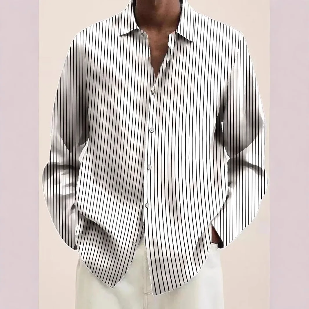 2025 New European and American Cross-border 3D Digital Printed Stripe Series Men's Long-sleeved Shirt Trend Top