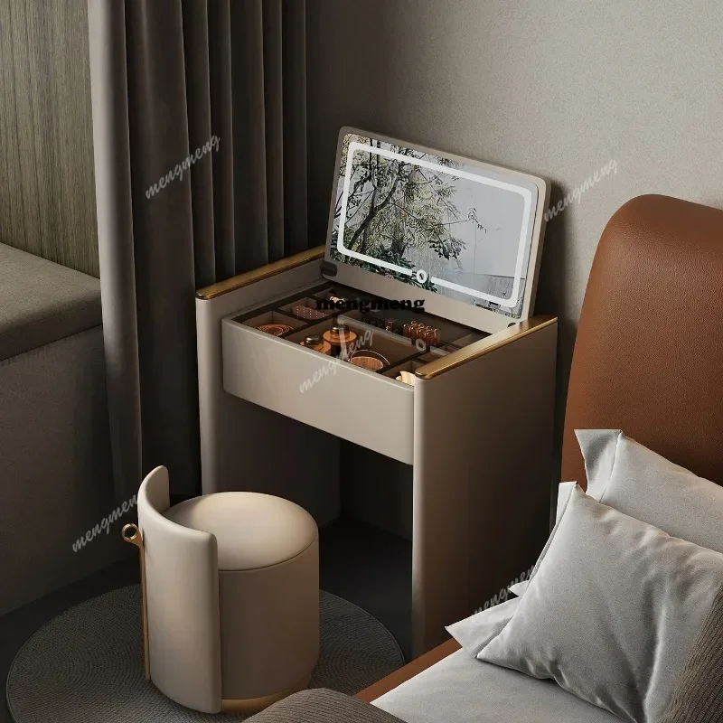 

Light luxury dresser, makeup table, bedroom, minimalist small apartment, clamshell mirror with lamp, advanced storage,