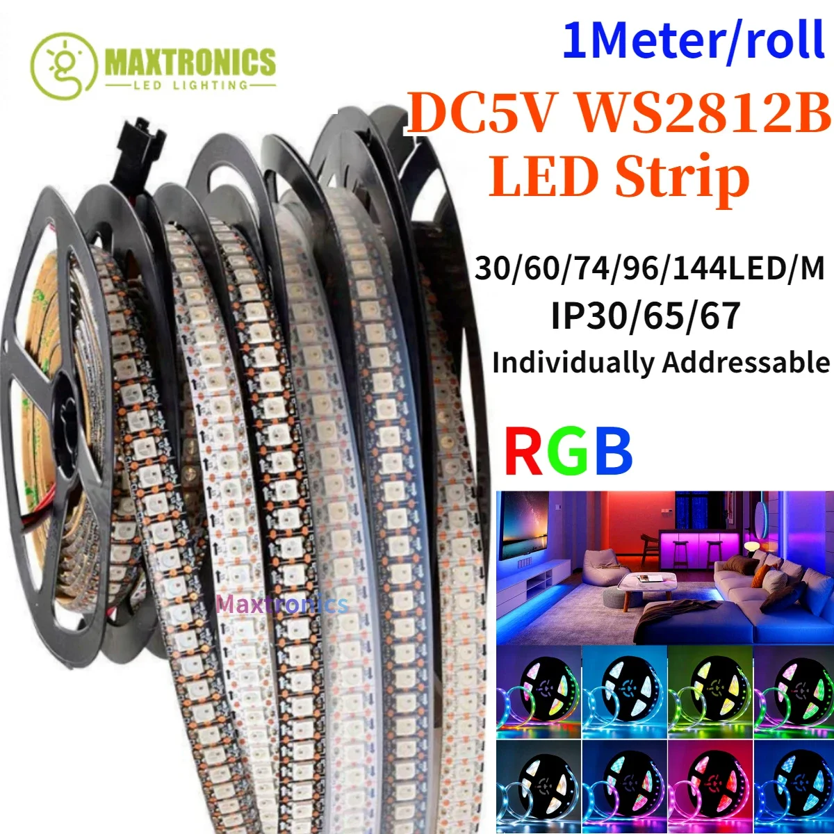 

1Meter DC5V WS2812B LED Strip Light Individually Addressable 30/60/74/96/144 LED/M IP30/65/67 White/Black PCB for Holiday Decor