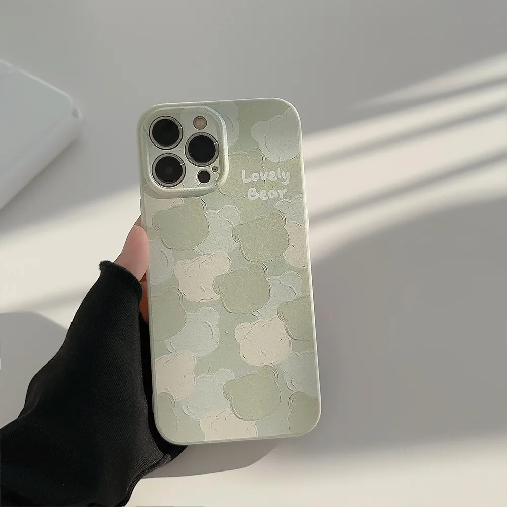 Funda de silicona con dibujo de oso verde para iPhone, carcasa bonita con dibujo al óleo para modelos 12, 13 y 11Pro, 15pro Max 14Plus