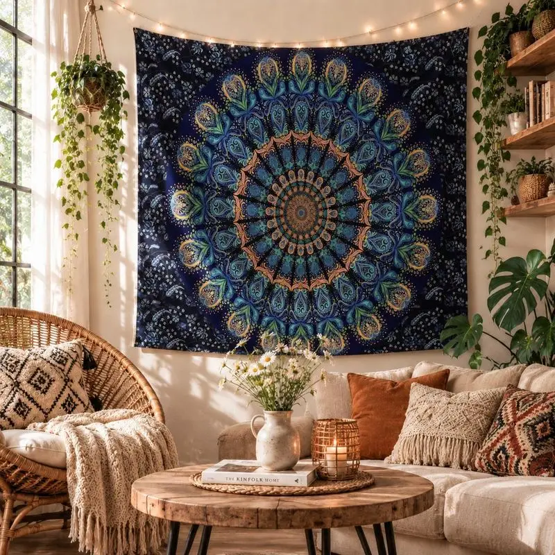 VIKAMA Blue Peacock Mandala Wall Tapestry Navy Background Center Feather Pattern Ethnic Tribal Boho Chic Aesthetic Decor Modern