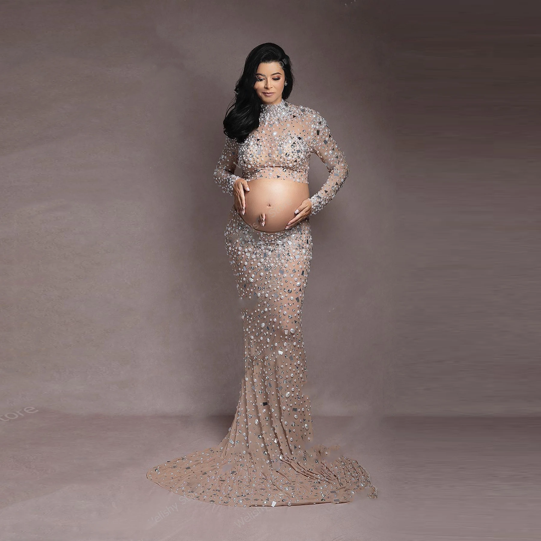 Luxury Beading Maternity Dress Photography Shiny Pearl Rhinestone Stretchy Long Maternity Dress 2 Pieces Photo Shoot