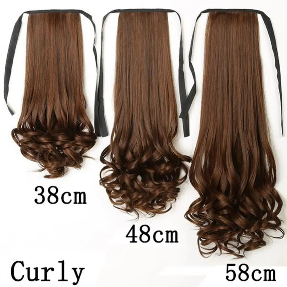 ストレートとカーリーリボンヘアピース,人工毛エクステンション,フレキシブル,ラップアラウンド,38 cm, 48 cm, 58cm