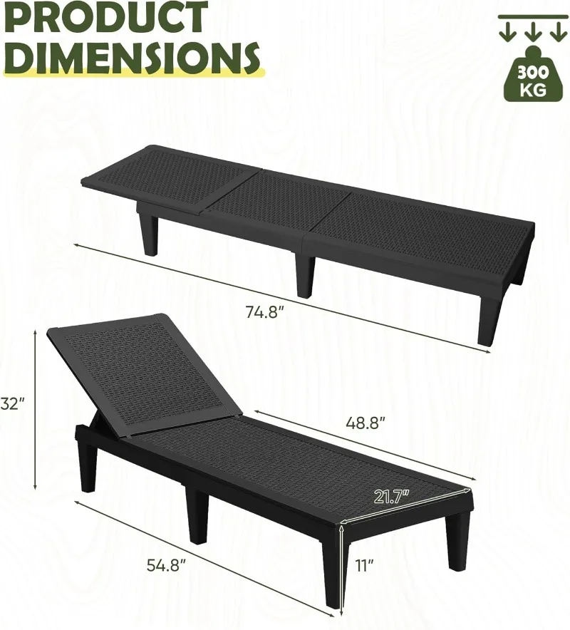 Devoko Outdoor Chaise Lounge Chair Set of 2 for Outside Pool Patio, Adjustable Waterproof Chaise Lounge Outdoor (Black)