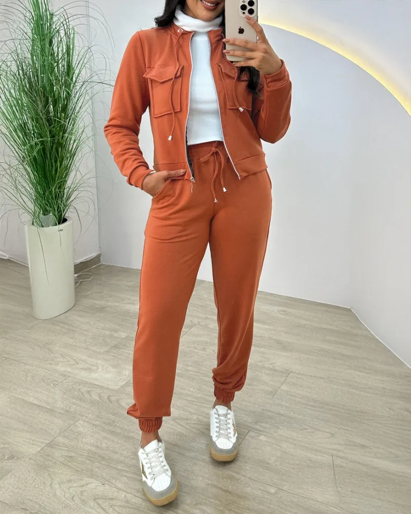 

Весенние женские комплекты с воротником-стойкой и длинными рукавами, карманом на молнии и повседневные комплекты брюк с эластичной резинкой на талии и шнурком